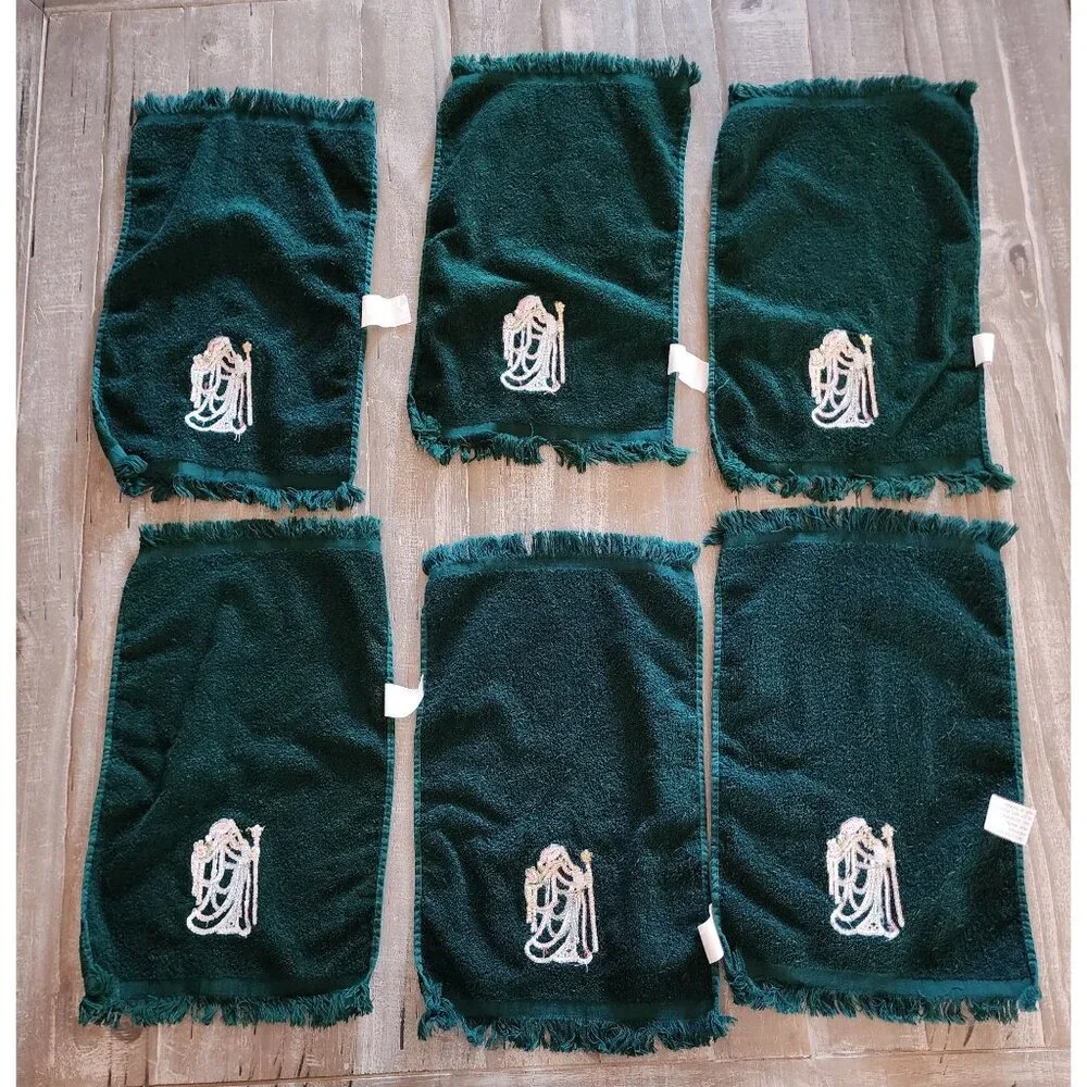 Set Of‎ 6 Embroidered Christmas Hand Towels Dark Green 100% Cotton 15